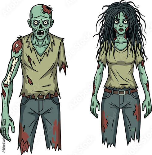 Cartoon zombie couple, scary undead characters, creepy walking dead illustration, spooky horror monsters, bloody skeleton design, Halloween artwork, nightmare apocalypse creatures