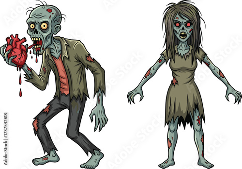 Scary cartoon zombie man eating bloody heart, creepy undead woman monster illustration, spooky horror Halloween artwork, nightmare apocalypse design, evil creature drawing