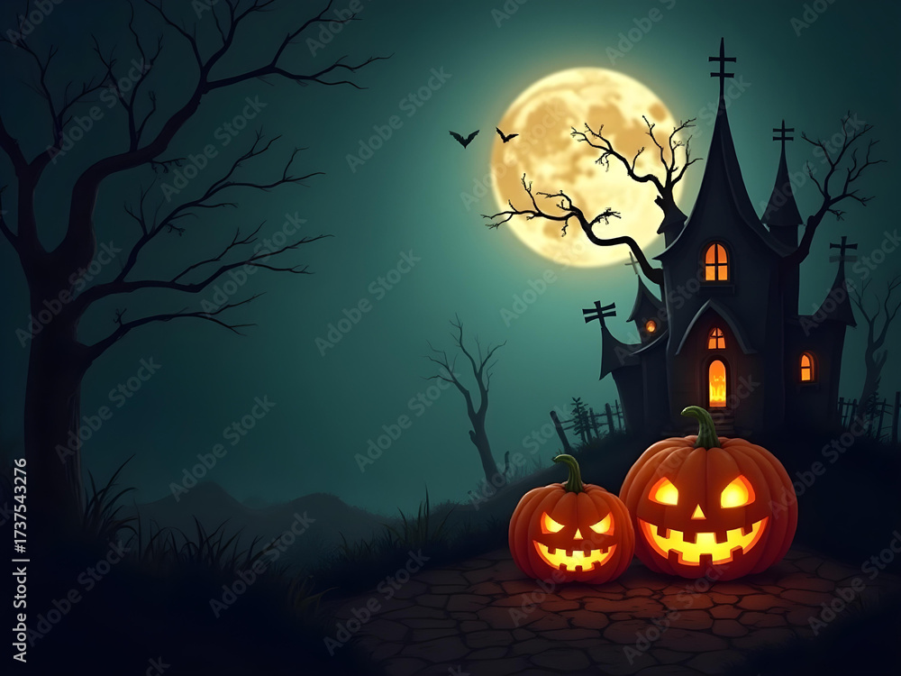 Fototapeta premium halloween night background with pumpkins and moon