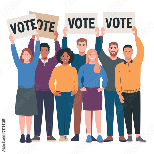Diverse group of people holding 'Vote' signs, advocating for democracy.