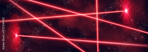 Red laser beam lines with transparent overlay for digital backgrounds - glowing neon rays crossing dark space with bright starbursts. Energy light effects and futuristic network for technology design.