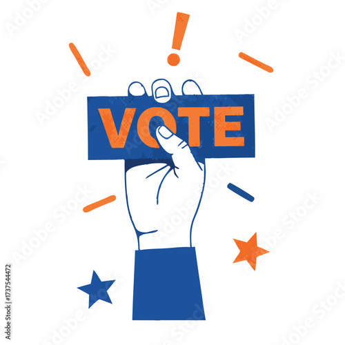 Hand holding a 'VOTE' sign, encouraging civic participation.