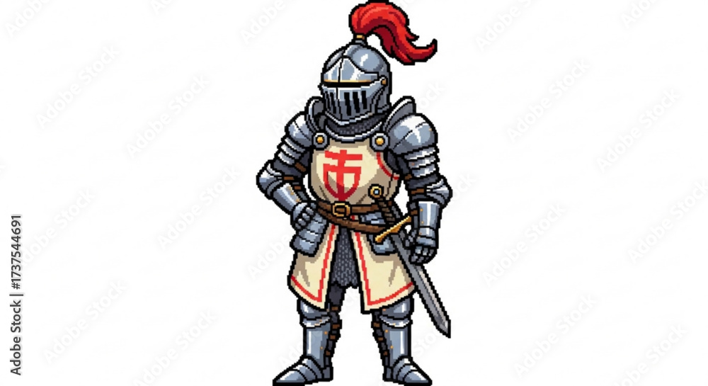 Fototapeta premium Cartoon Medieval Knight Character in Full Plate Armor with Sword and Red Plume. Fantasy Warrior Illustration on White Background.