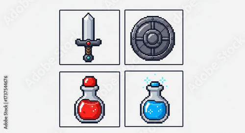 Pixel Art RPG Icons Set: Fantasy Game Items - Sword, Shield, Health Potion, Mana Potion for UI Design and Video Games