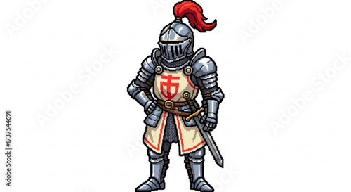 Cartoon Medieval Knight Character in Full Plate Armor with Sword and Red Plume. Fantasy Warrior Illustration on White Background.