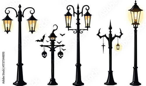 Spooky Halloween street lamp post silhouettes with glowing lanterns, bats, and skull decorations for haunted night scene vector illustration design.