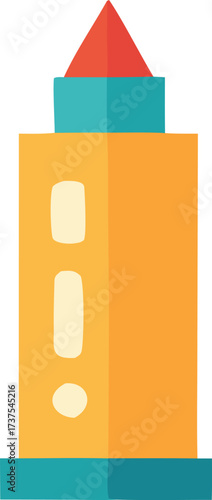 Whimsical cartoon lighthouse with red cone top and orange rectangular tower and teal base