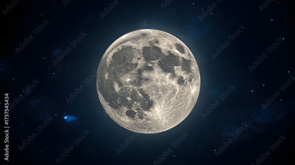 Obraz premium A realistic full moon glowing brightly in the night sky, showcasing detailed craters and textures on its surface.