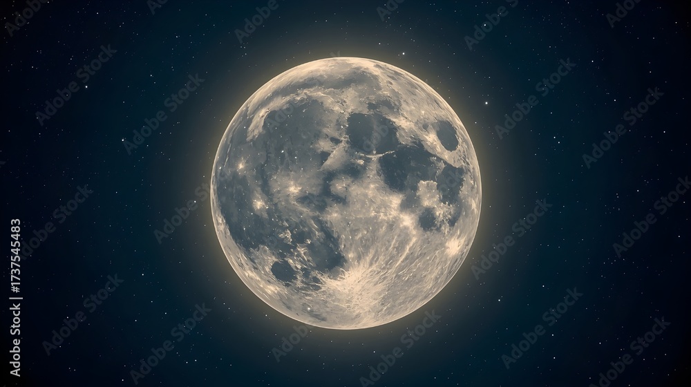 Fototapeta premium A realistic full moon glowing brightly in the night sky, showcasing detailed craters and textures on its surface.