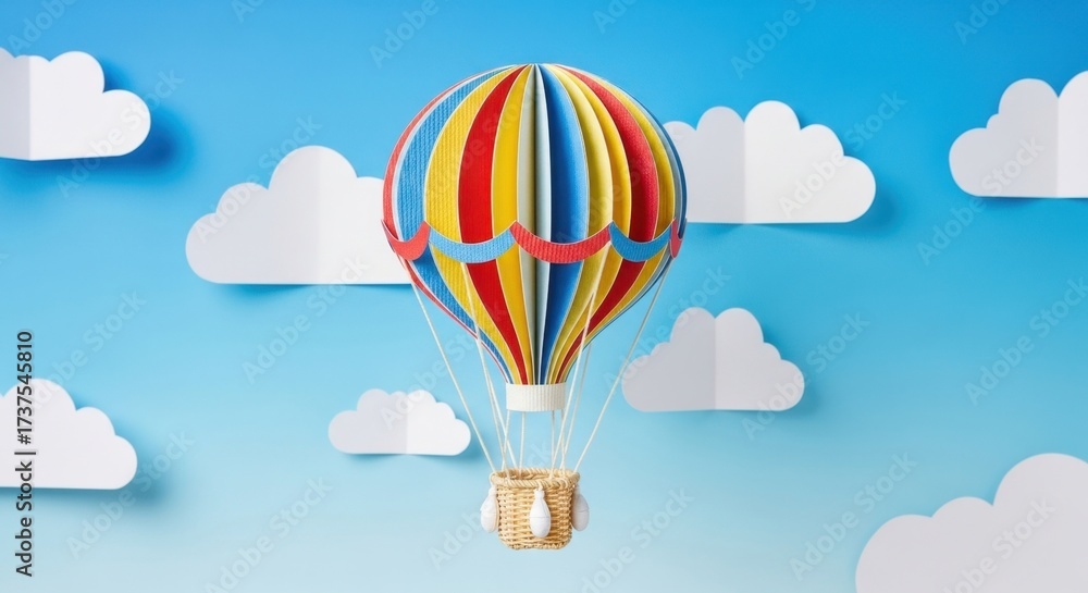 Obraz premium Colorful paper hot air balloon with white paper clouds against a bright blue background, creating a cheerful and whimsical atmosphere for travel and adventure