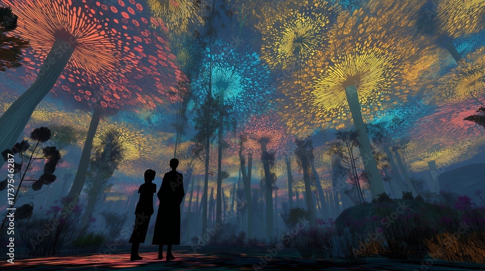 Fototapeta premium dreamy fantasy theme, silhouette shadow of couple standing together under colorful tree, otherworldly scenery 