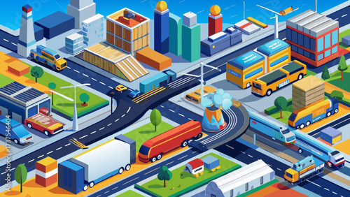 Isometric transportation network with train station, bus terminal, subway system, highway bridges, airport runway, cargo containers, delivery trucks, logistics warehouse, future urban mobility, 