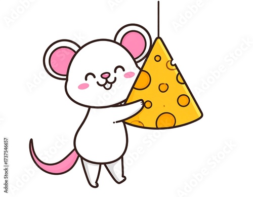 Cute Mouse Holding Cheese, Cartoon Illustration.