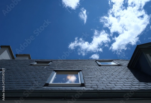 An upward shot of a shingled roof with skylights, against a vibrant, cloudy sky