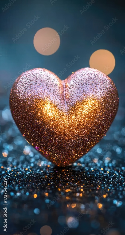 Fototapeta premium Shiny, glittery heart against a dark, bokeh backdrop