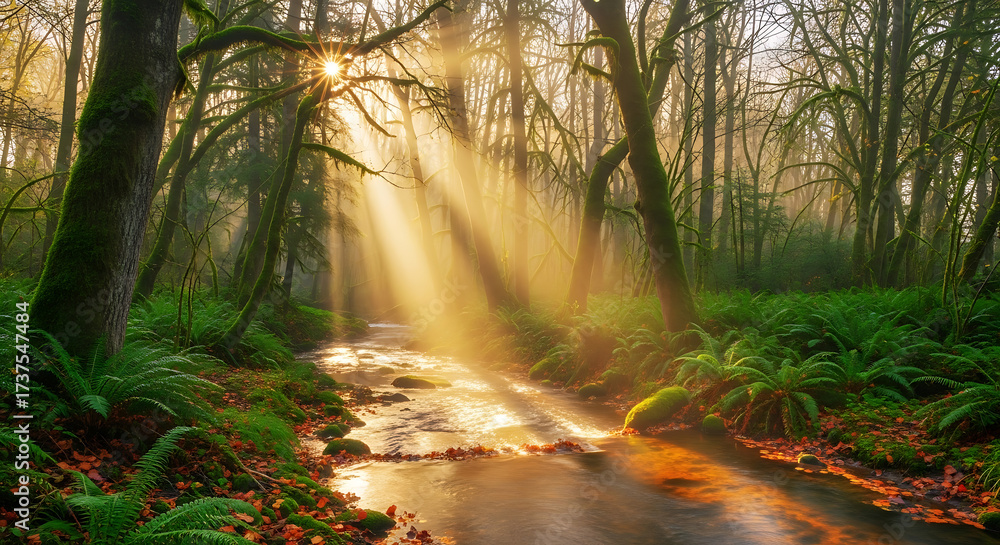 Fototapeta premium Cascading waterfall in the forest with rocks and lush green moss along the stream