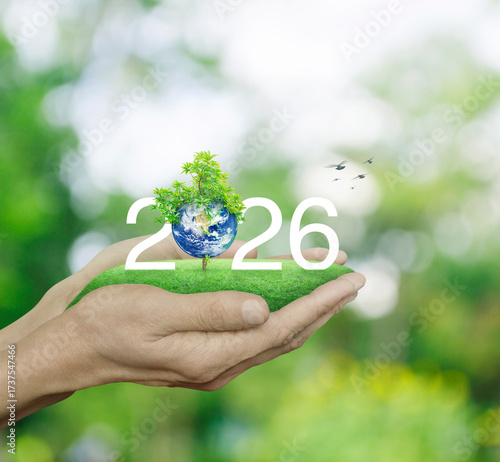 Fototapeta Naklejka Na Ścianę i Meble -  2026 letter with planet and tree on green grass in hands over blur green tree in park, Happy new year 2026 ecological cover, Save the earth concept, Elements of this image furnished by NASA