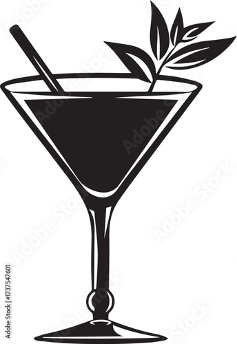 Black silhouette of a cocktail with straw and garnish isolated on white background