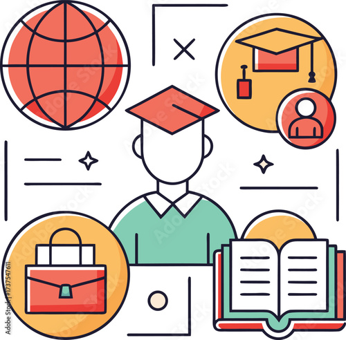 Educational journey modern iconography celebrating global learning student success and digital academia concepts