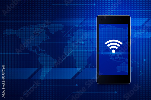 Fototapeta Naklejka Na Ścianę i Meble -  Wi-fi connection flat icon on modern smart mobile phone screen over digital world map technology style, Technology and internet concept, Elements of this image furnished by NASA