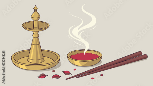 Traditional Indian Puja Ceremony Elements: Brass Oil Lamp, Incense, Kumkum, and Petals, Symbolizing Spirituality and Devotion