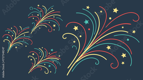 Colorful Graphic Firework Bursts and Twinkling Stars Vector Set on Dark Background, Festive Celebration Design Elements