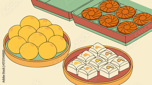 Assortment of Traditional Indian Sweets: Laddoo, Barfi, and Spiral Delicacies in Flat Design Vector Art