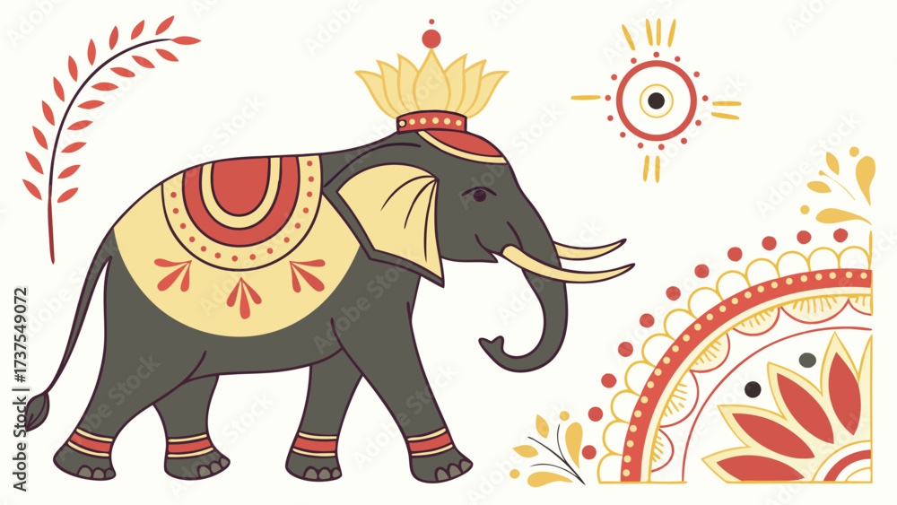 Fototapeta premium Festive Indian Elephant Illustration with Lotus Crown and Traditional Cultural Ornaments; Asian Folk Art Style Decorative Motifs for Celebrations a...