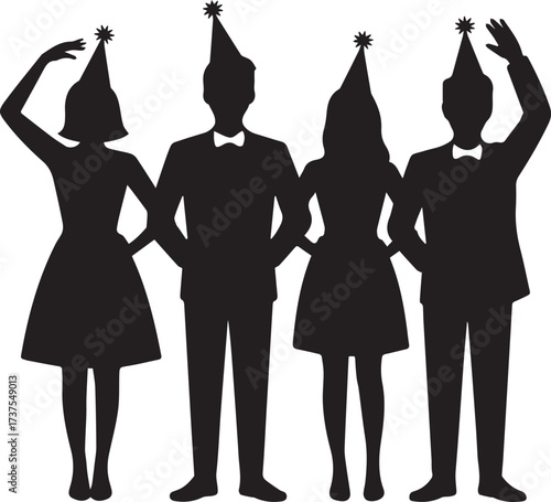 Diverse group silhouette celebrating new year's eve with party hats and bow ties festive