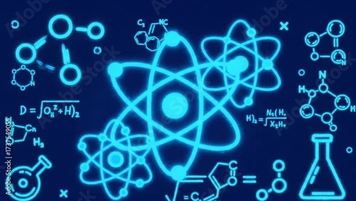 Wallpaper Mural Abstract glowing blue atomic structure with chemical formulas and molecular diagrams on dark background Torontodigital.ca