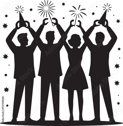 Celebration silhouettes friends raising sparklers and party hats new year eve