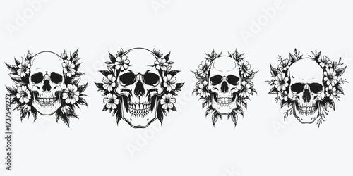 scull with flowers sketch illustration vector set
