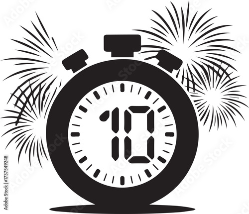 New year countdown stopwatch silhouette with festive fireworks celebration