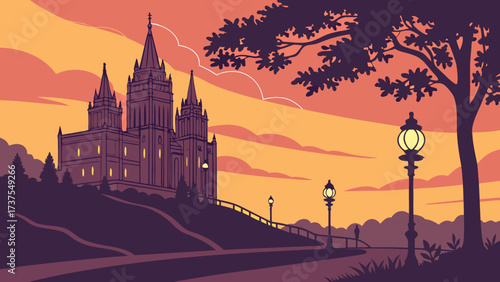 Serene Sunset over a Grand Spired Building with Illuminated Path and Park Landscape Vector Illustration
