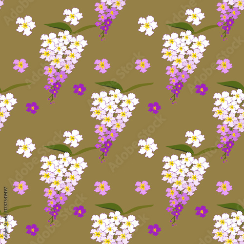 Elegant floral pattern with cascading bunches of white and purple blossoms on a tan field.