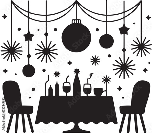 Elegant new year's eve celebration silhouette with dinner table and festive decorations