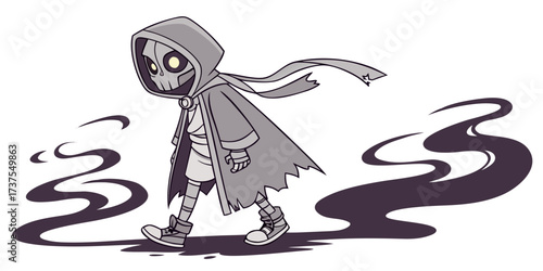 Eerie Figure in Silhouette: A mysterious hooded figure, emanating an aura of intrigue, treads through a scene of shadowy mystery, capturing an atmosphere of haunting allure.