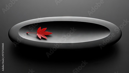 Red maple leaf in black oval dish on dark textured surface