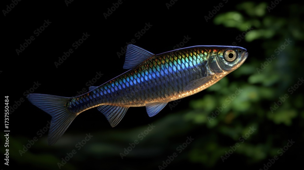 Naklejka premium Vibrant Blue and Black Fish Swimming Gracefully in Lush Green Background Showcasing Underwater Beauty and Natural Habitat of Aquatic Life
