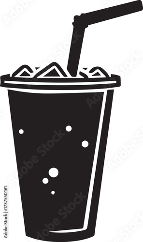 Black silhouette of a cold drink with ice and straw isolated on white background