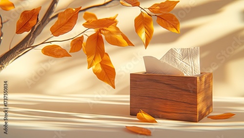 Autumn leaves and wooden tissue box bathed in warm sunlight