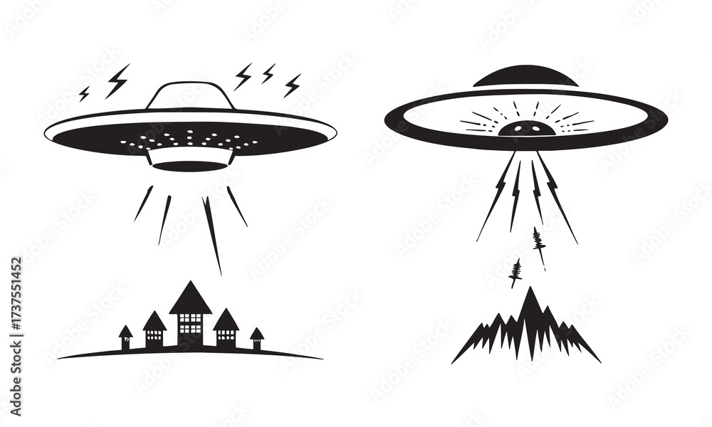 Fototapeta premium UFO Vector Silhouettes and Alien Spaceship Clipart – Flying Saucer Icons for Sci-Fi Designs