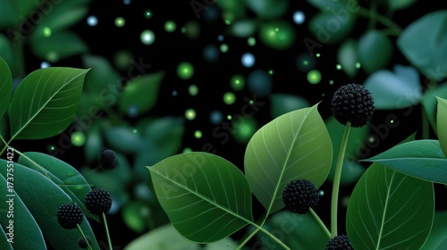 Vibrant Arrangement of Fresh Blackberries Surrounded by Lush Green Leaves Capturing the Essence of Nature's Bounty and Natural Beauty in a Healthy Setting