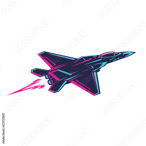 Dynamic fighter jet streaks across sky leaving vibrant neon trail