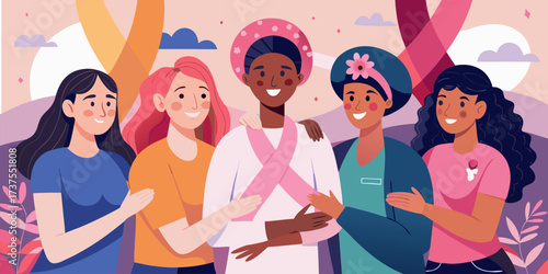 Women Standing Together for Breast Cancer Awareness with Pink Ribbon Support