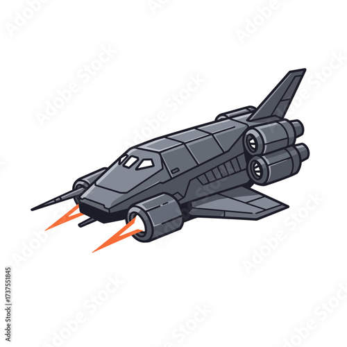 Futuristic rocket ship blasting off with fiery engines toward the stars