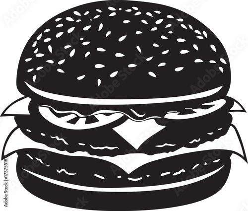Black and white illustration of a double cheeseburger isolated on white background