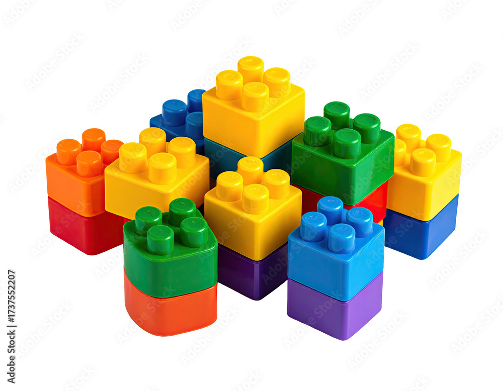 Naklejka premium Assortment of colorful plastic interlocking blocks arranged on a black backdrop