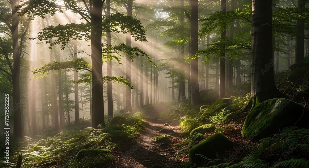 Obraz premium Sunlight beams through a lush green forest path.