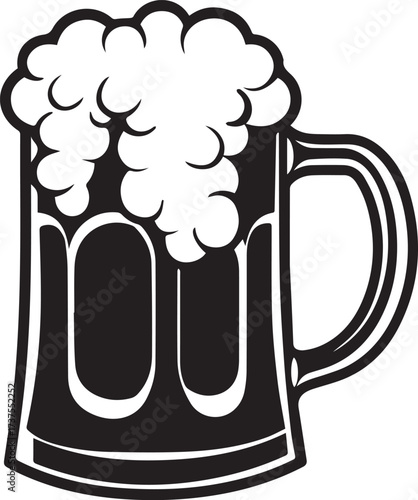 A black and white illustration of a beer mug with foam